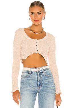 Free People Rosehip Cardigan Sweater Scoop Neck Cropped Lettuce Hem Crop Top